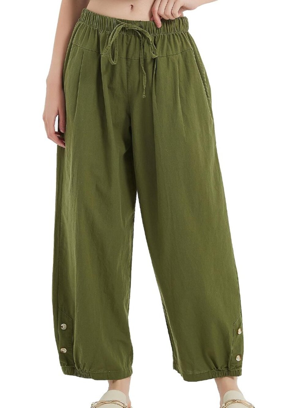 Linen Blend Wide Leg Casual Pants Army Green Women Size 3XL